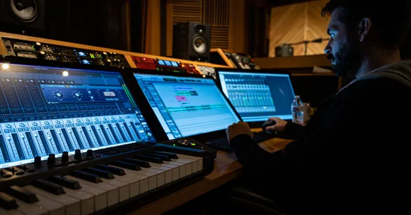 Music producer working on digital audio workstation in a modern studio. person playing piano with computer