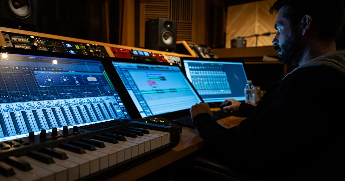 Music producer working on digital audio workstation in a modern studio. person playing piano with computer