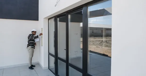 Architect in hard hat inspecting glass door in modern house construction. an architect checking the walls of a house