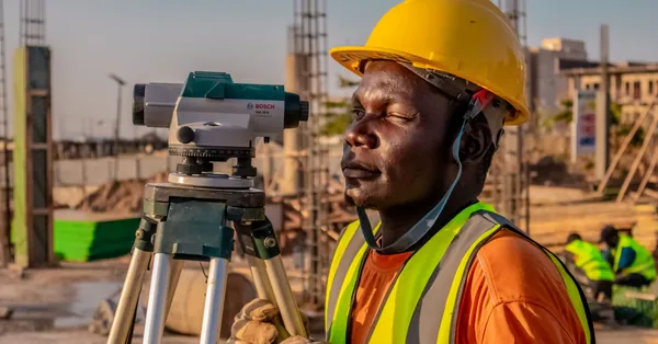 A construction worker using a theodolite for land surveying at a building site. construction worker using survey equipment outdoors